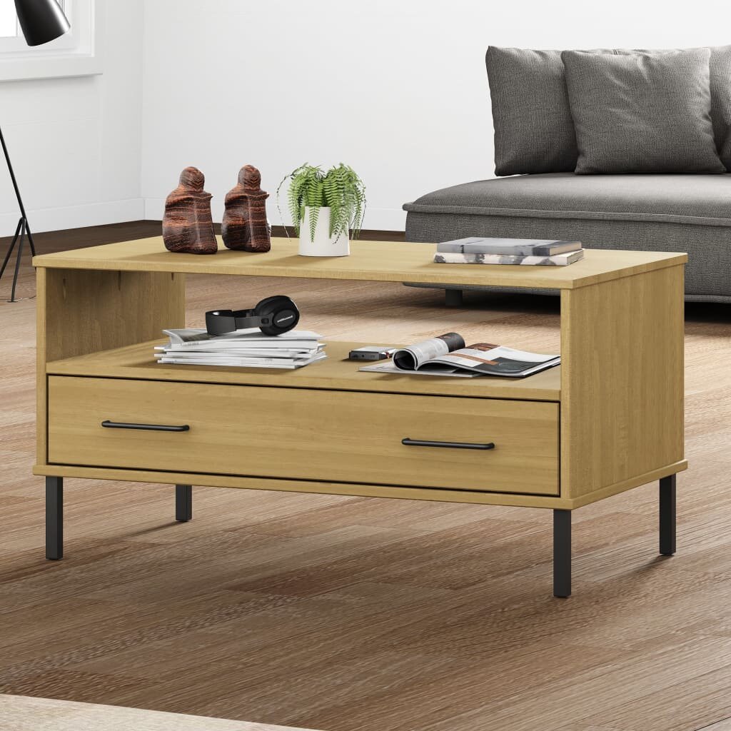 vidaXL Кафе маса с метални крака кафява 85x50x45 см масивно дърво OSLO
