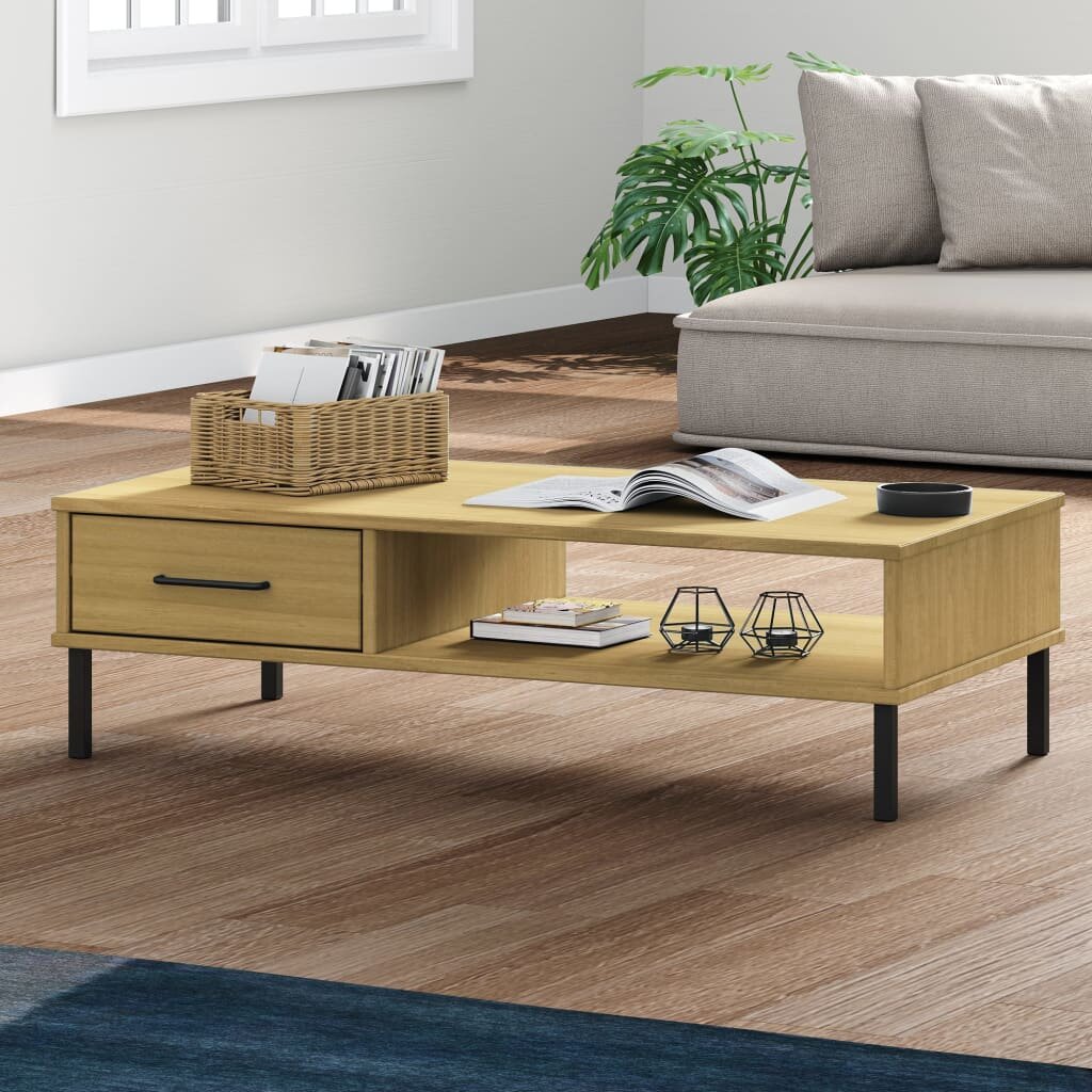 vidaXL Кафе маса с метални крака кафява бор масив OSLO