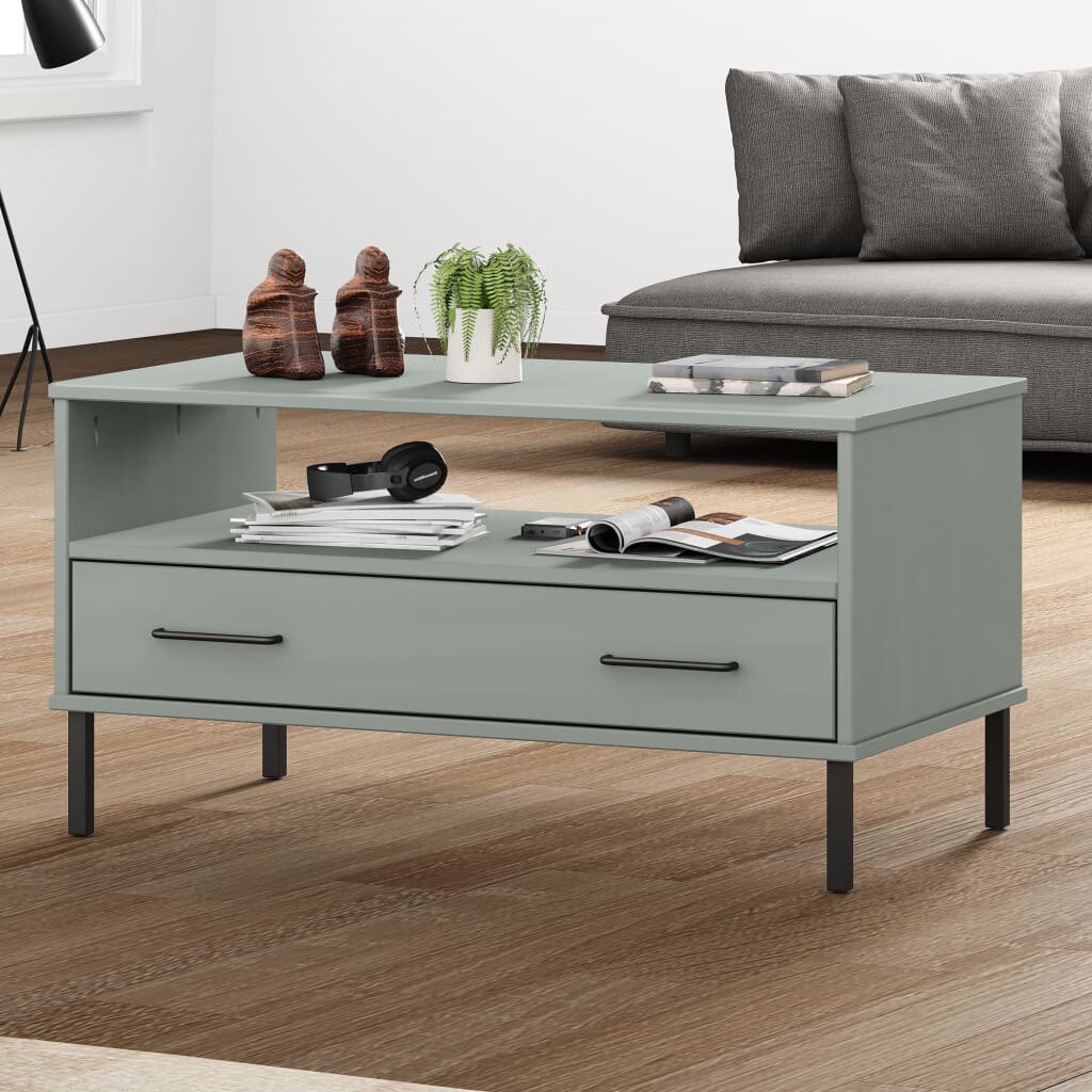 vidaXL Кафе маса с метални крака сива 85x50x45 см масивно дърво OSLO
