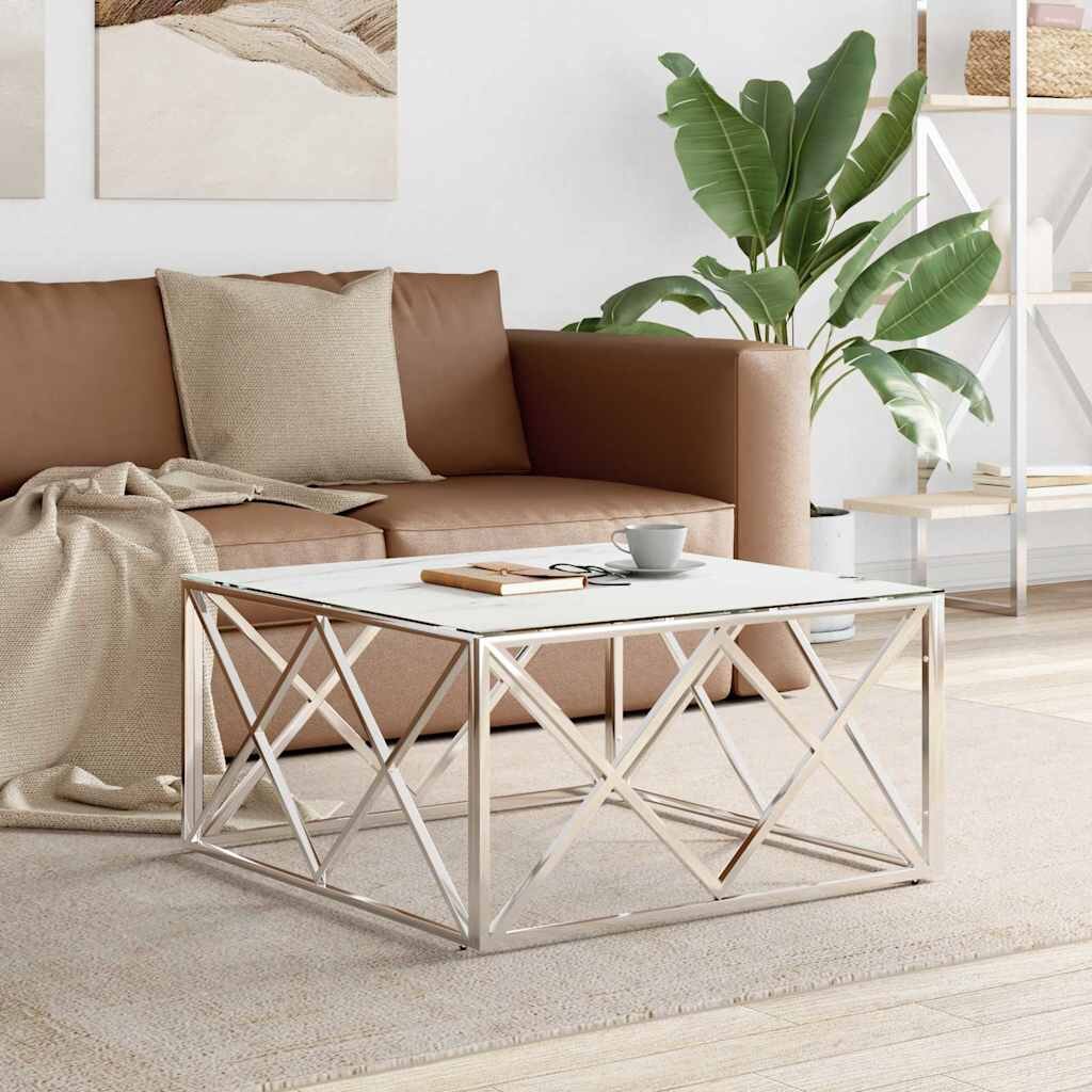 vidaXL Кафе маса сребриста 80x80x40 cм неръждаема стомана и стъкло