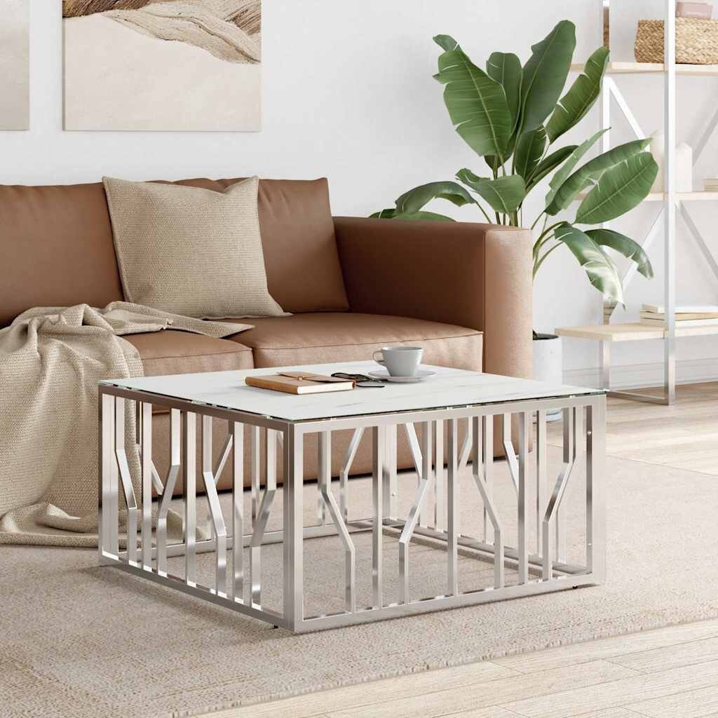 vidaXL Кафе маса сребриста 80x80x40 cм неръждаема стомана и стъкло