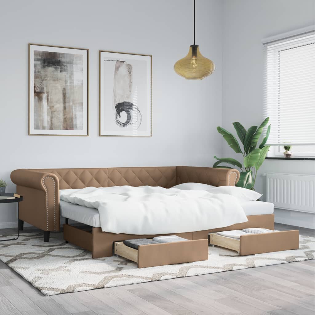 vidaXL Канапе с изтегляне и чекмеджета капучино 90x200 см еко кожа