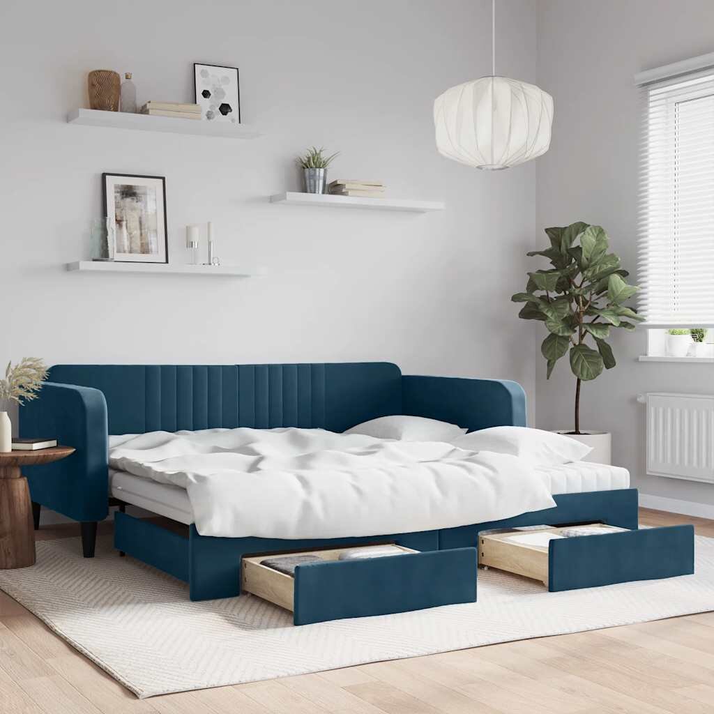 vidaXL Канапе с изтеглящо легло и чекмеджета синьо 100x200 см кадифе