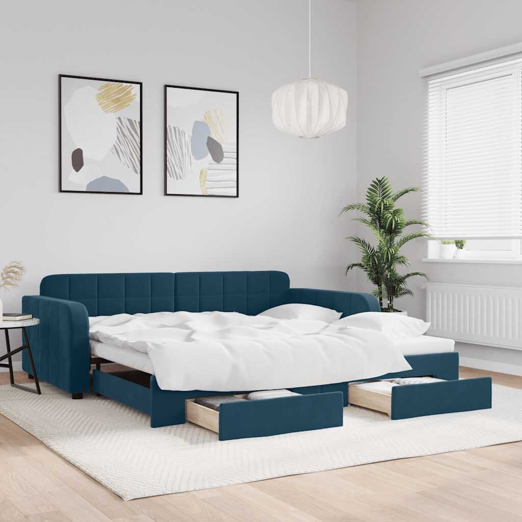 vidaXL Канапе с изтеглящо легло и чекмеджета синьо 100x200 см кадифе