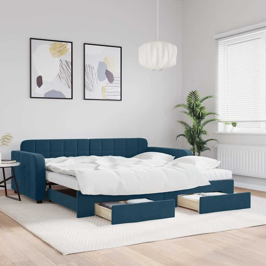 vidaXL Канапе с изтеглящо легло и чекмеджета синьо 100x200 см кадифе