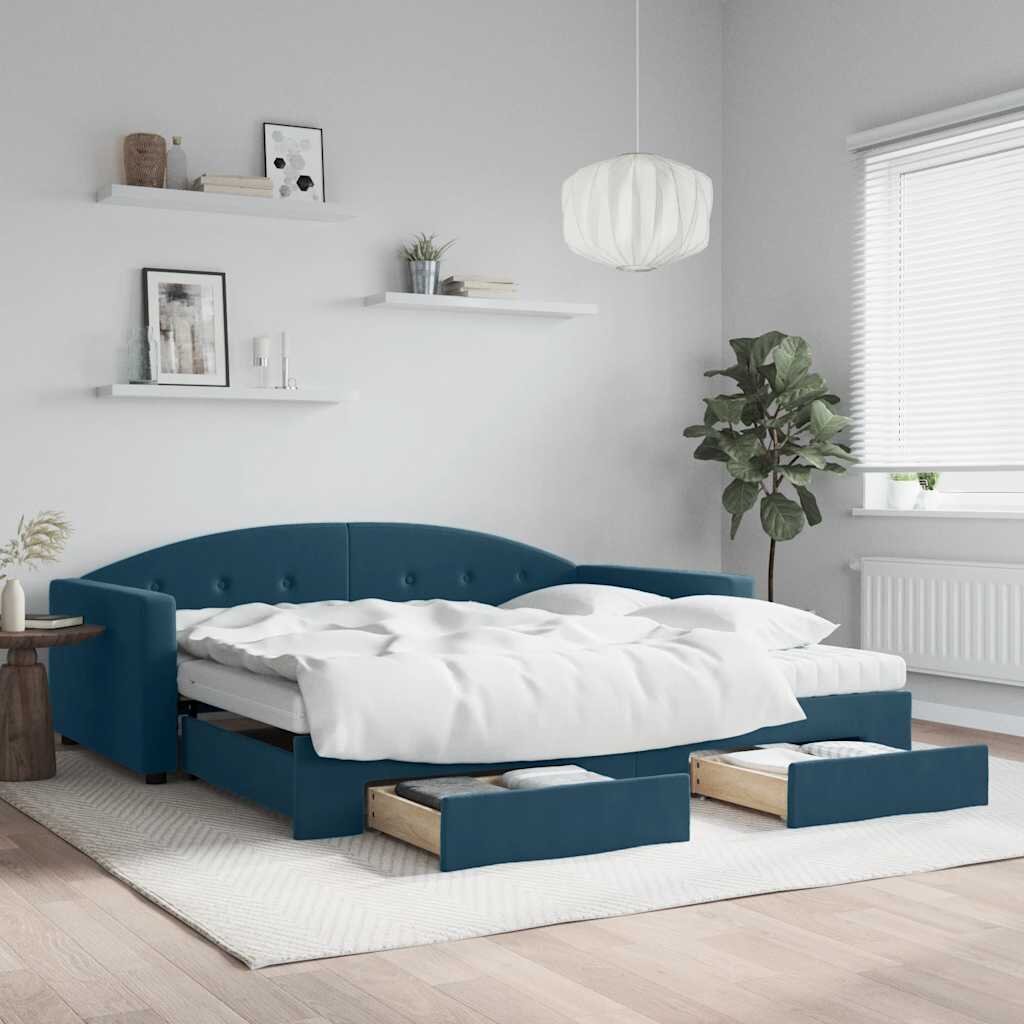 vidaXL Канапе с изтеглящо легло и чекмеджета синьо 100x200 см кадифе