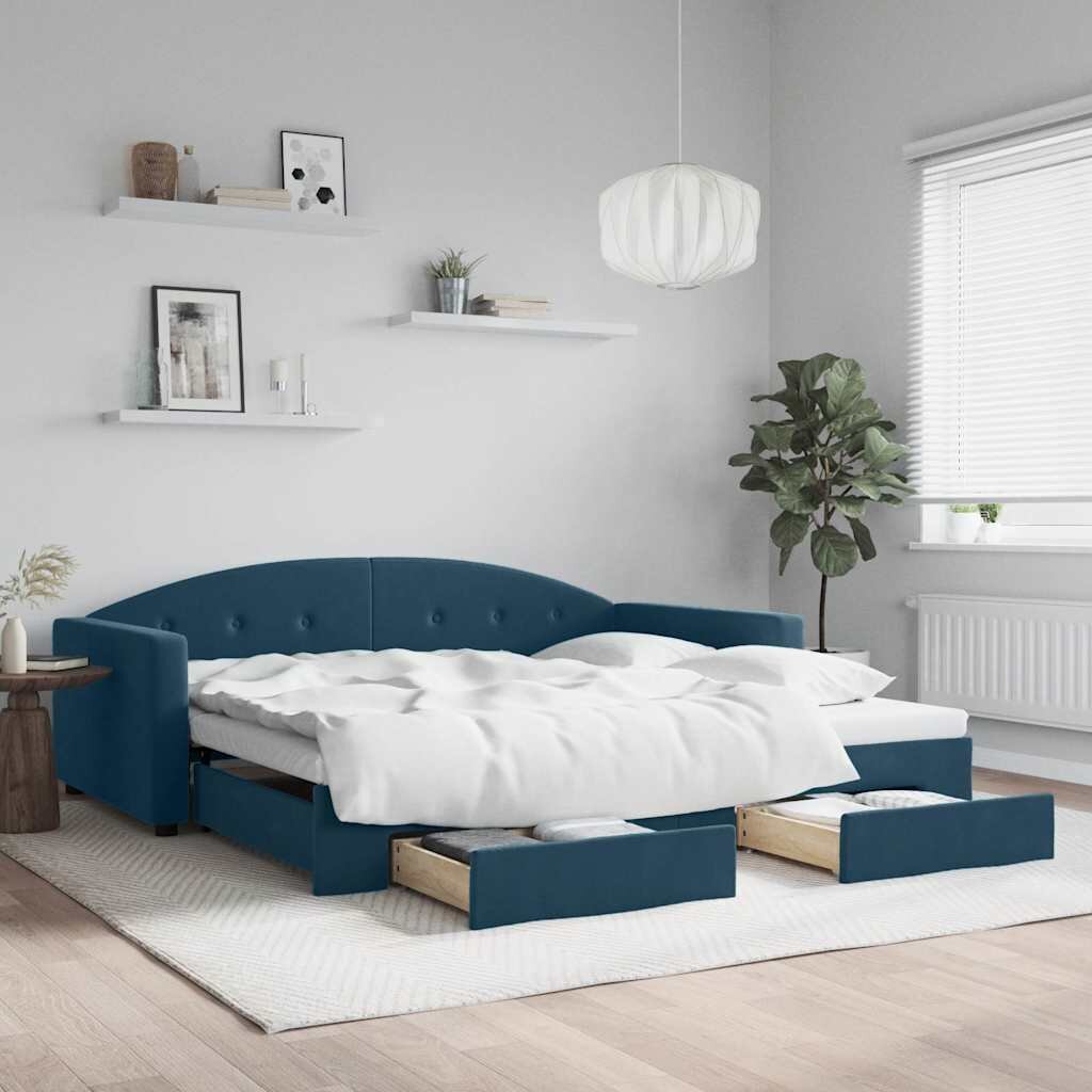 vidaXL Канапе с изтеглящо легло и чекмеджета синьо 100x200 см кадифе