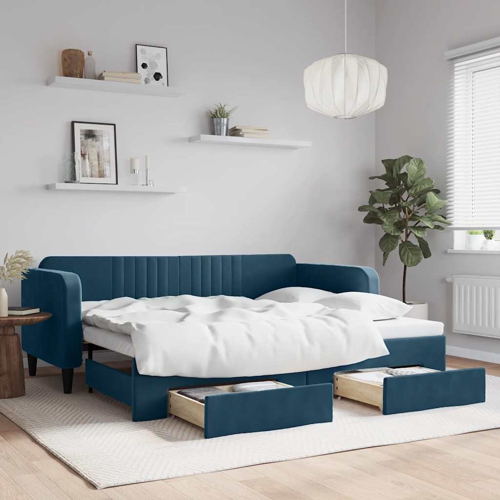 vidaXL Канапе с изтеглящо легло и чекмеджета синьо 90x200 см кадифе