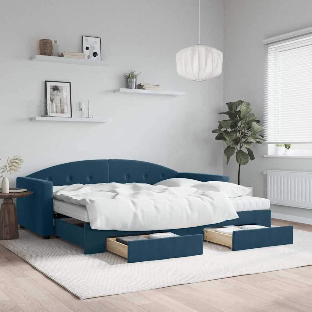 vidaXL Канапе с изтеглящо легло и чекмеджета синьо 90x200 см кадифе