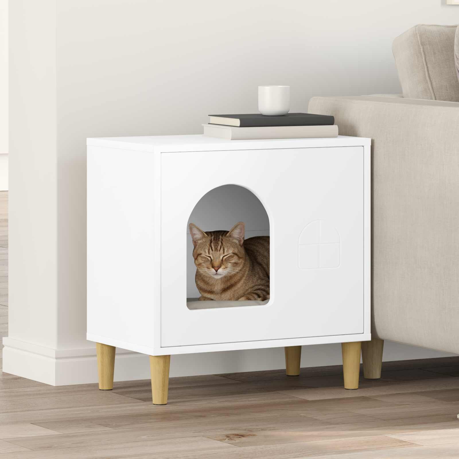 vidaXL Къща за котки Бяло 51 x 30 x 52 см Инженерна дървесина