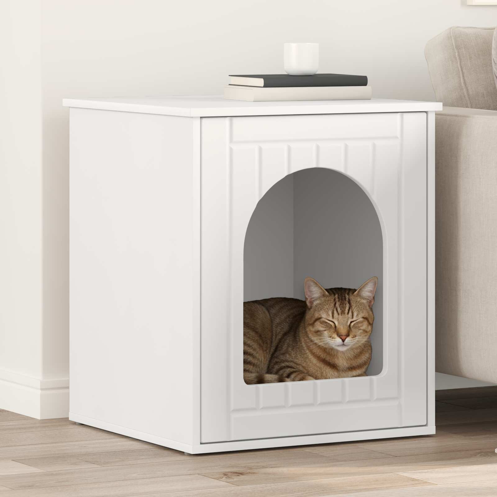 vidaXL Къща за котки Бяло 53 х 52 х 62 см Инженерна дървесина