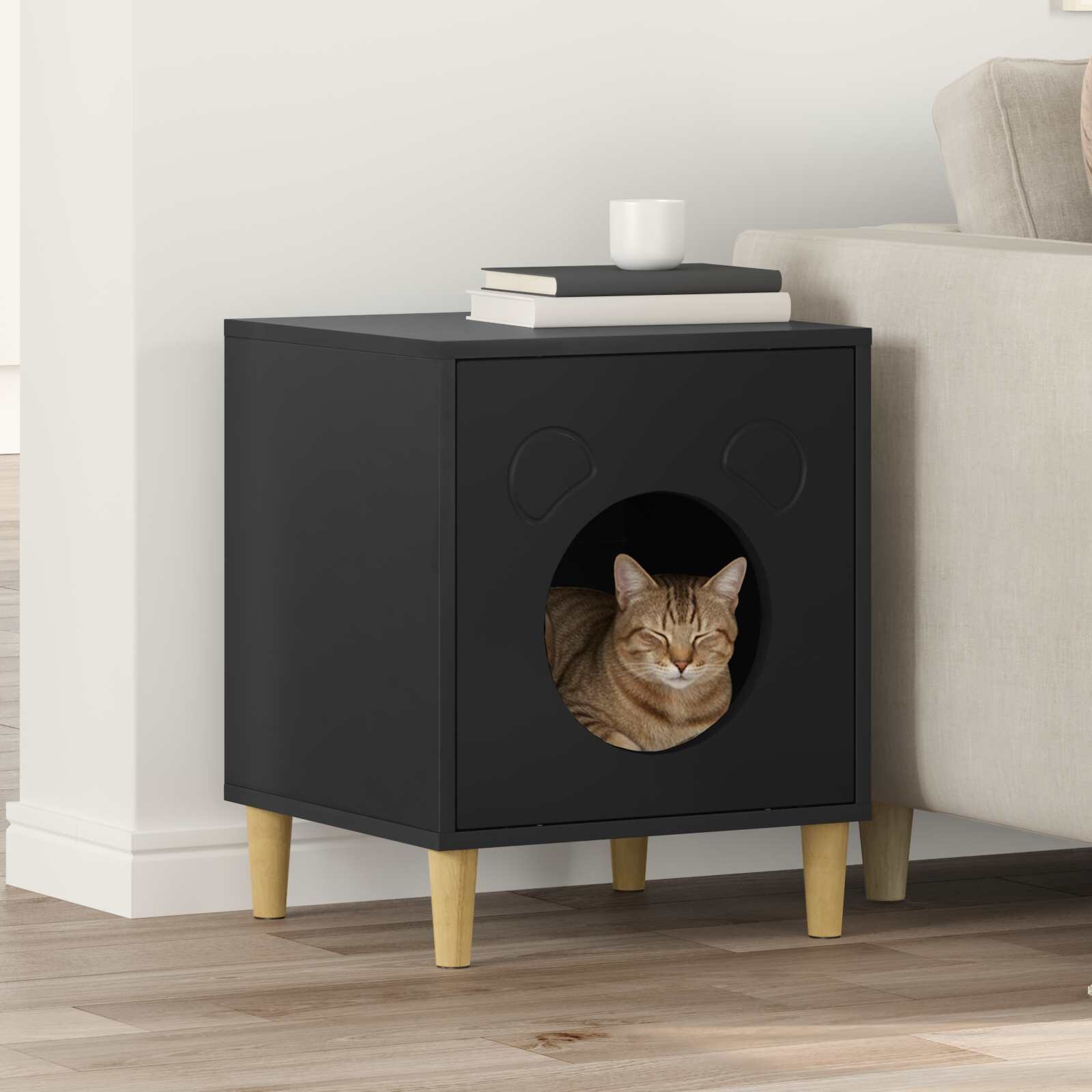 vidaXL Къща за котки Черно 425 x 40 x 53 см Инженерна дървесина