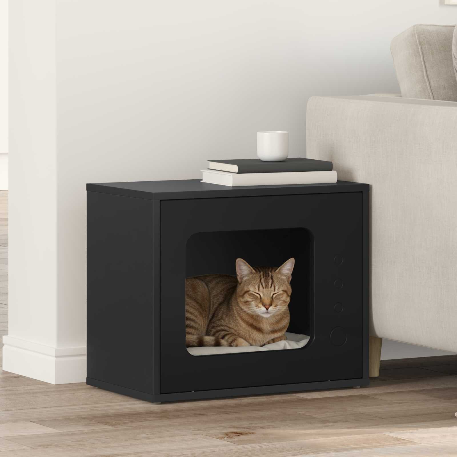 vidaXL Къща за котки Черно 51 x 30 x 425 см Инженерна дървесина