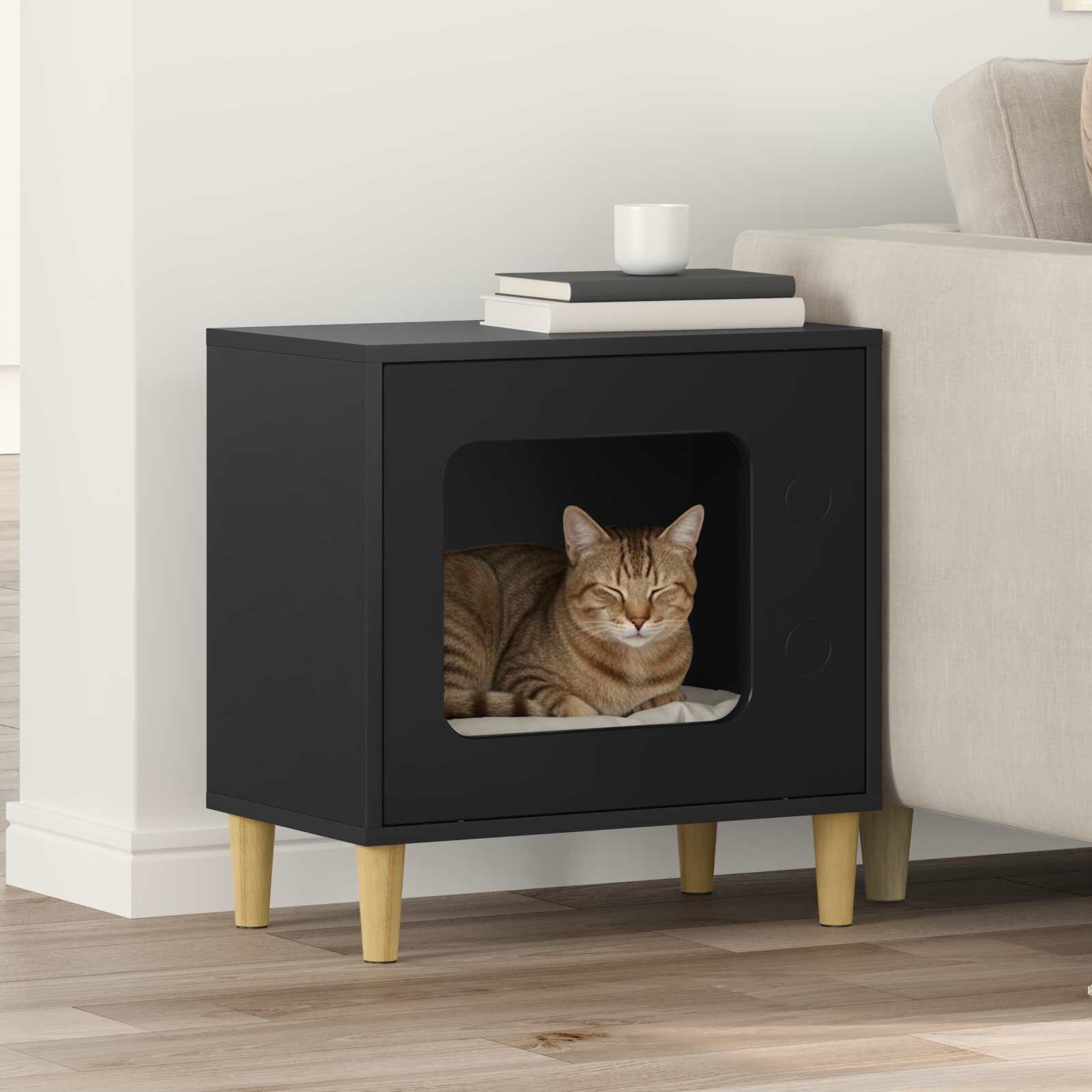 vidaXL Къща за котки Черно 51 x 30 x 52 см Инженерна дървесина
