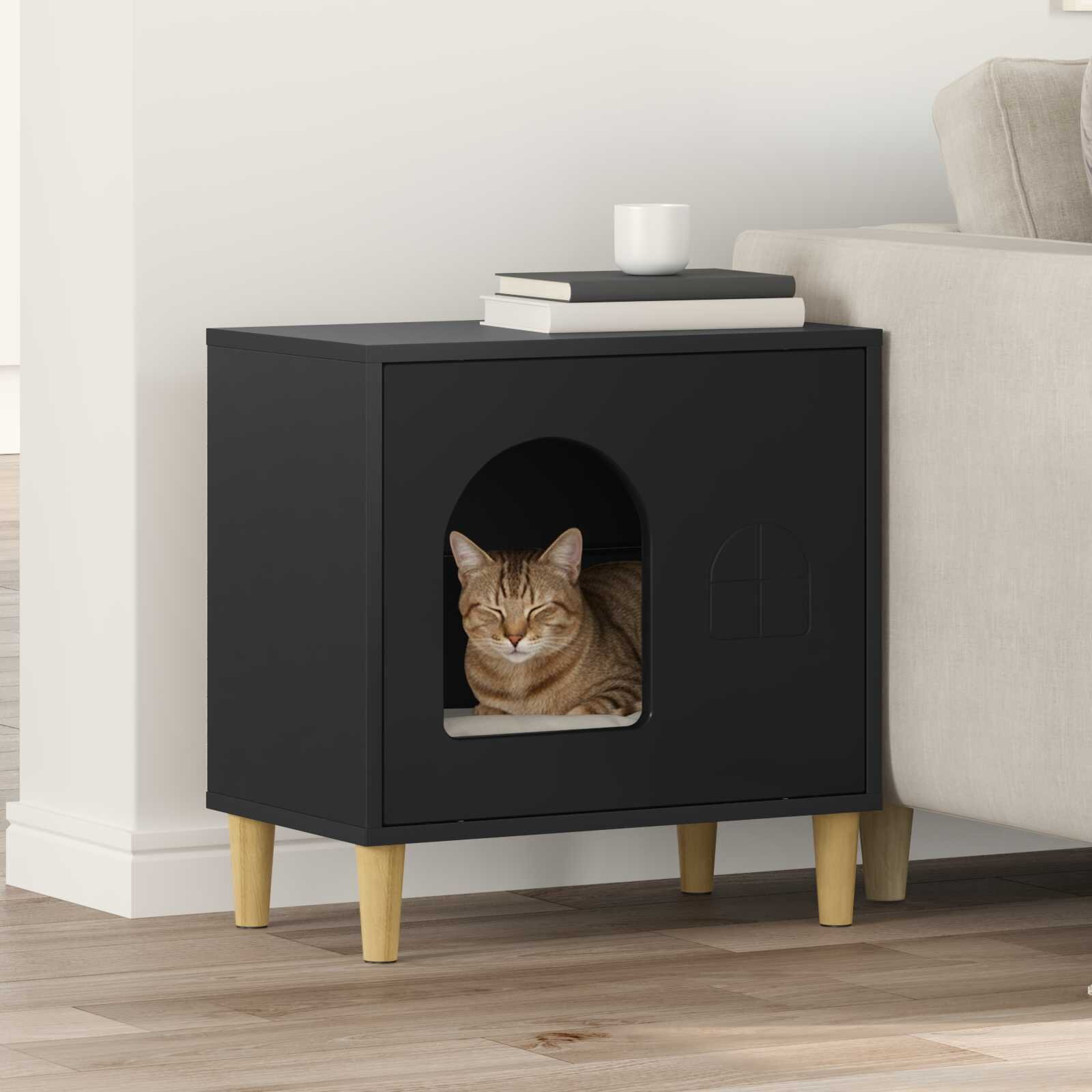 vidaXL Къща за котки Черно 51 x 30 x 52 см Инженерна дървесина