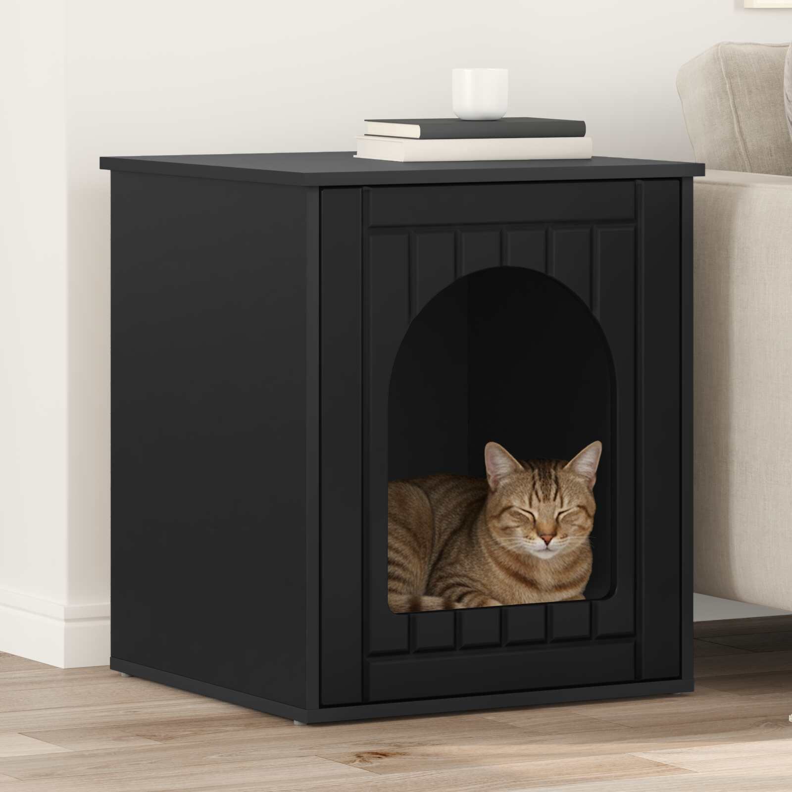vidaXL Къща за котки Черно 53 х 52 х 62 см Инженерна дървесина