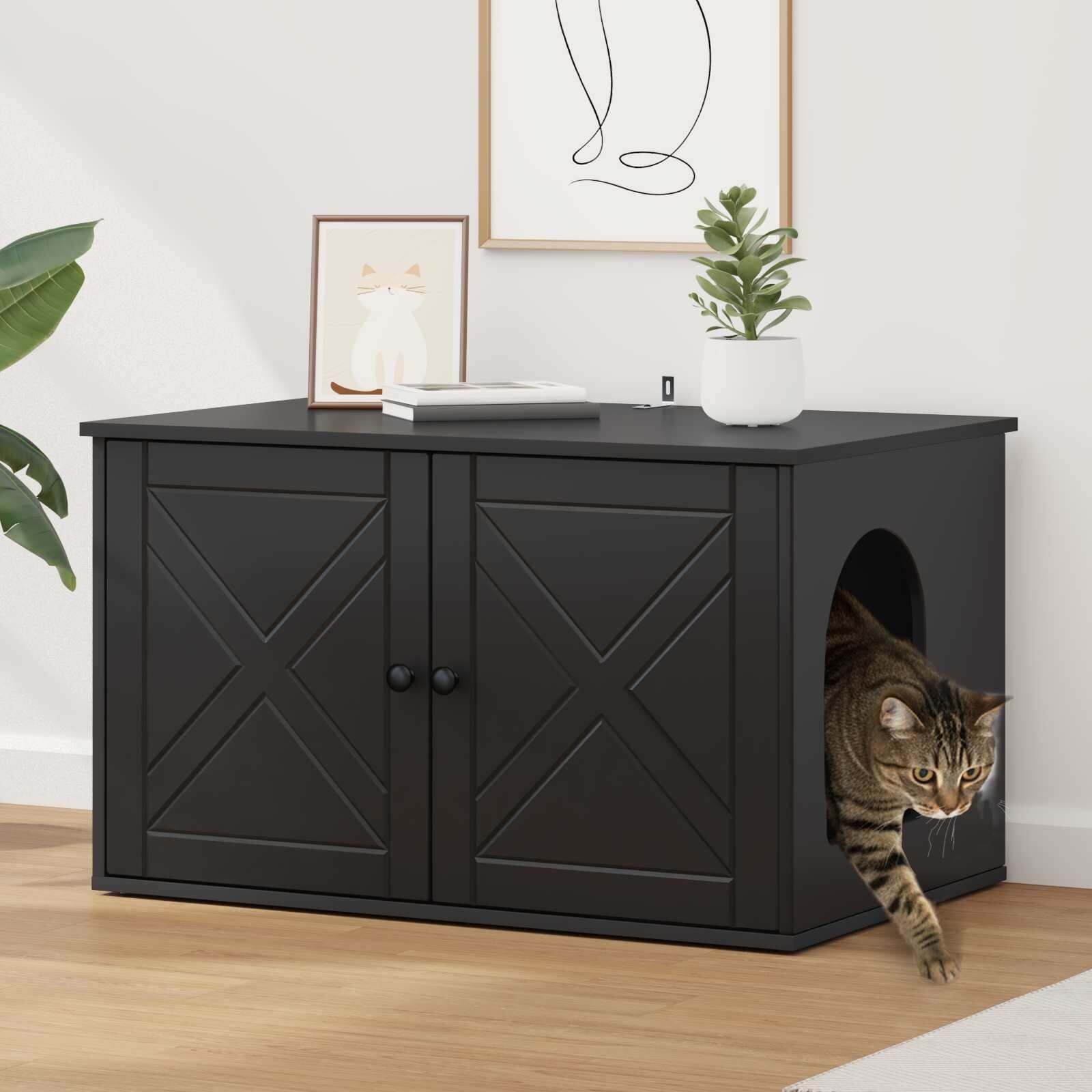 vidaXL Къща за котки Черно 85 x 55 x 505 см Инженерна дървесина