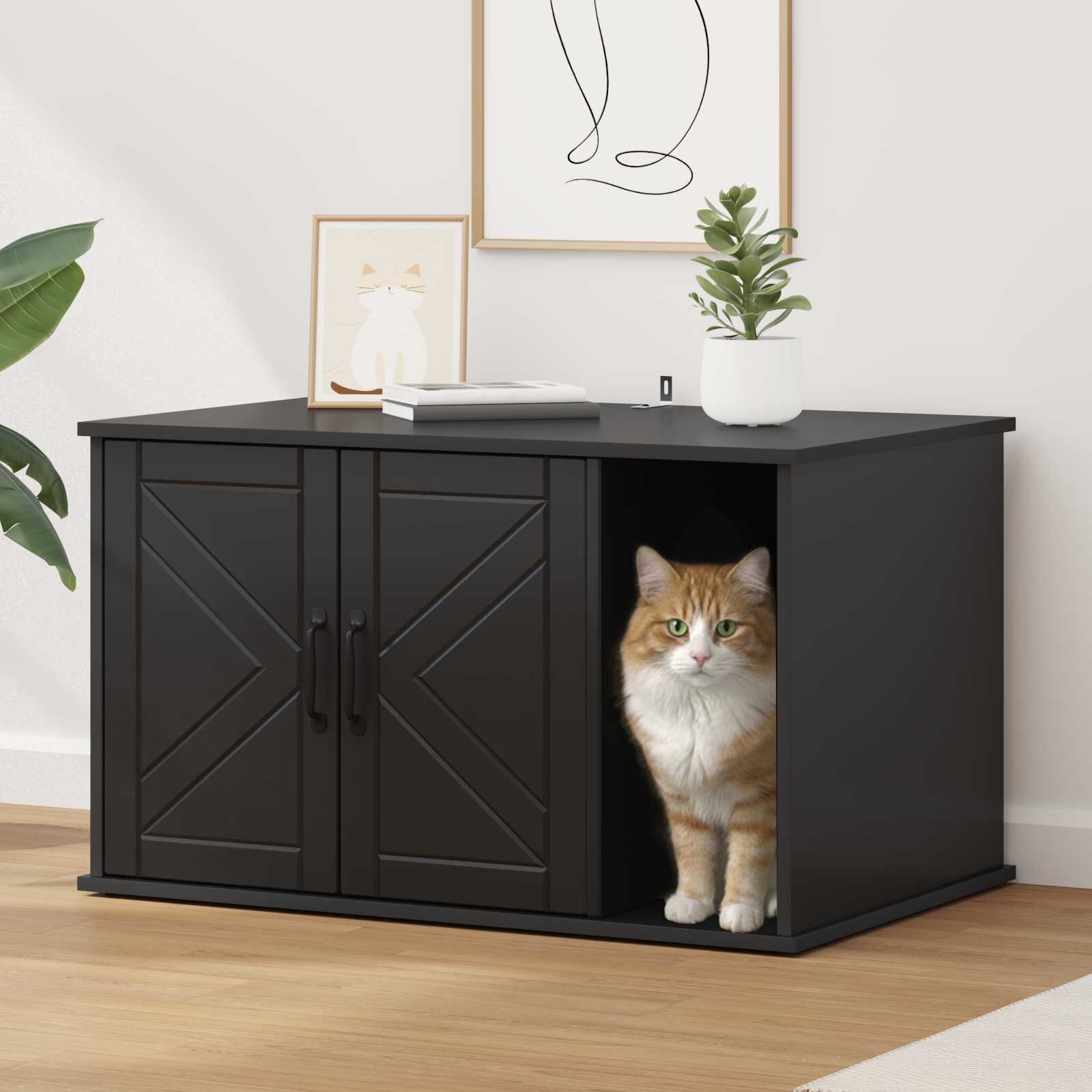 vidaXL Къща за котки Черно 85 x 55 x 505 см Инженерна дървесина