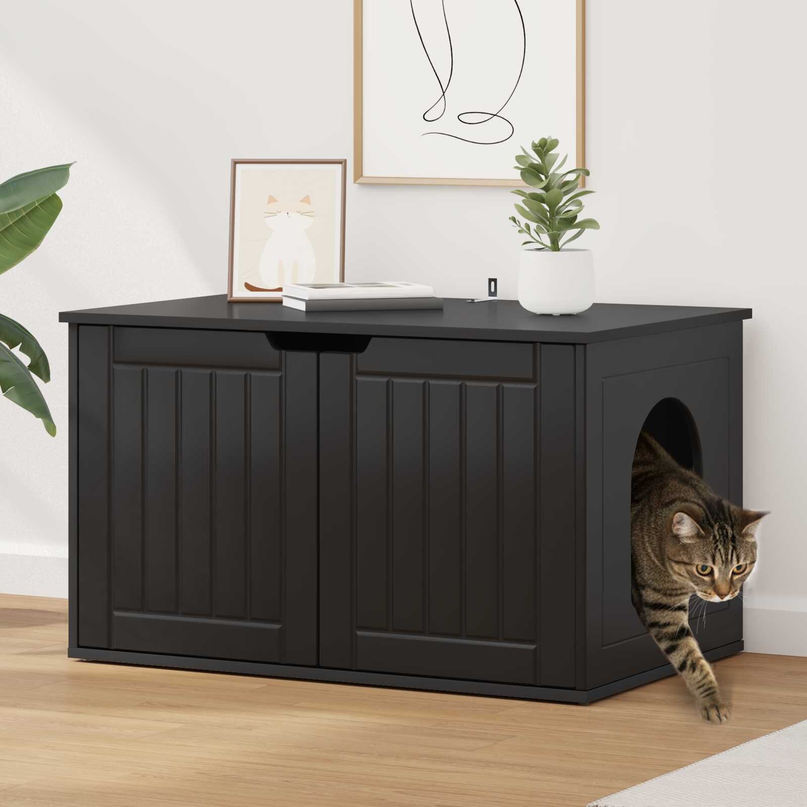 vidaXL Къща за котки Черно 85 x 55 x 505 см Инженерна дървесина