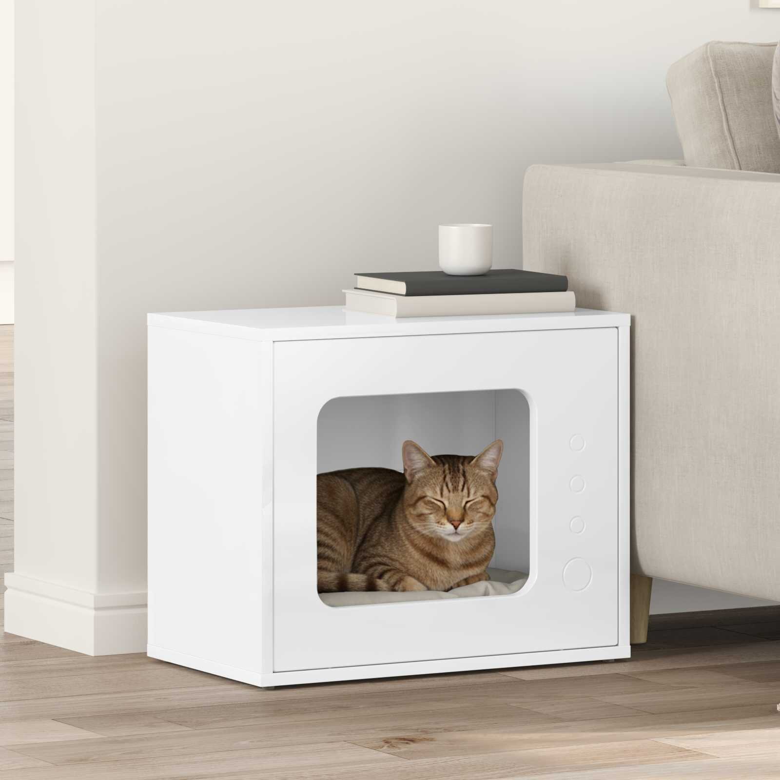 vidaXL Къща за котки Гланц бяло 51 x 30 x 425 см Инженерна дървесина