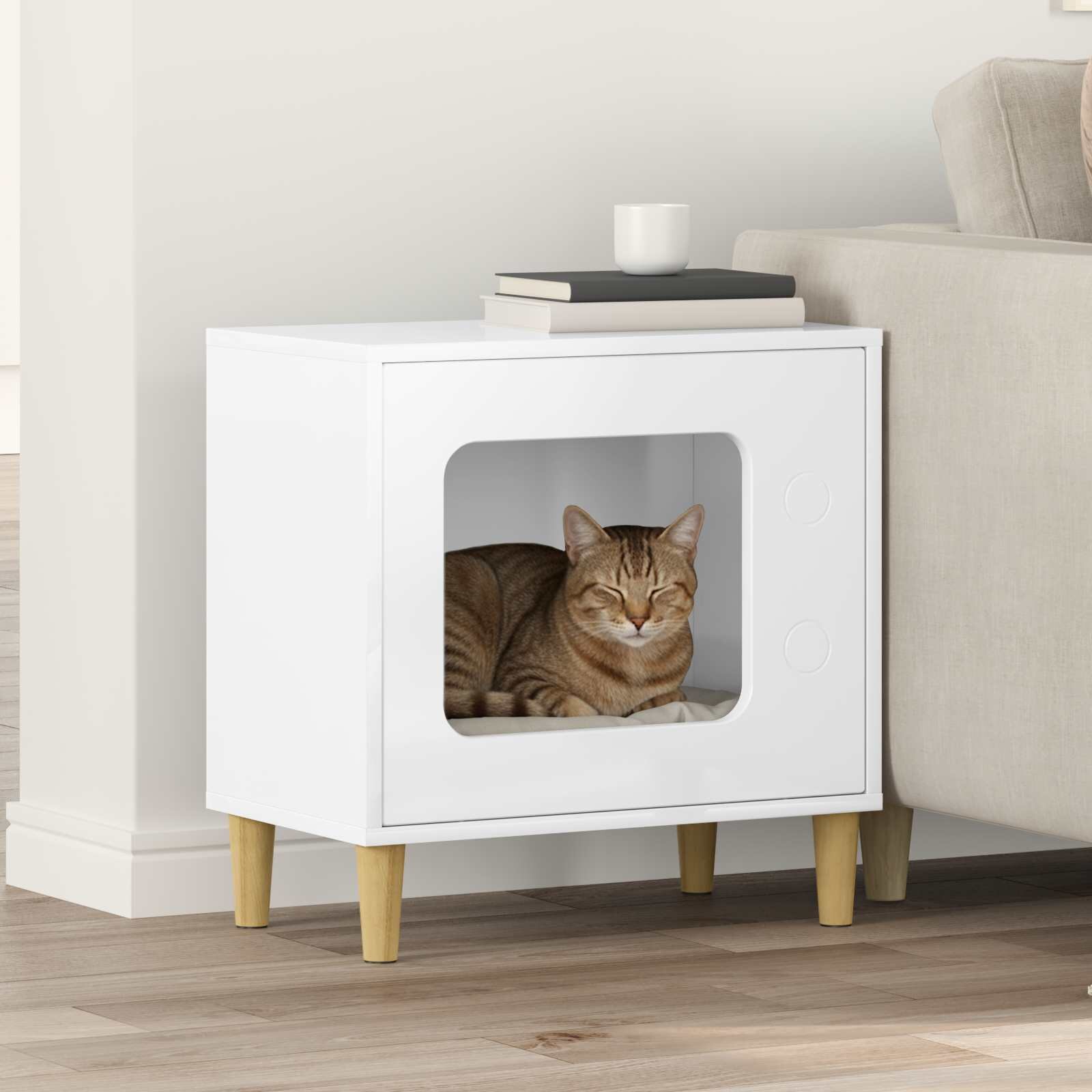 vidaXL Къща за котки Гланц бяло 51 x 30 x 52 см Инженерна дървесина