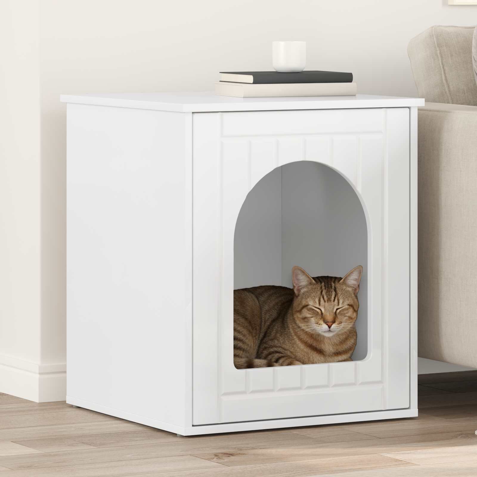 vidaXL Къща за котки Гланц бяло 53 х 52 х 62 см Инженерна дървесина