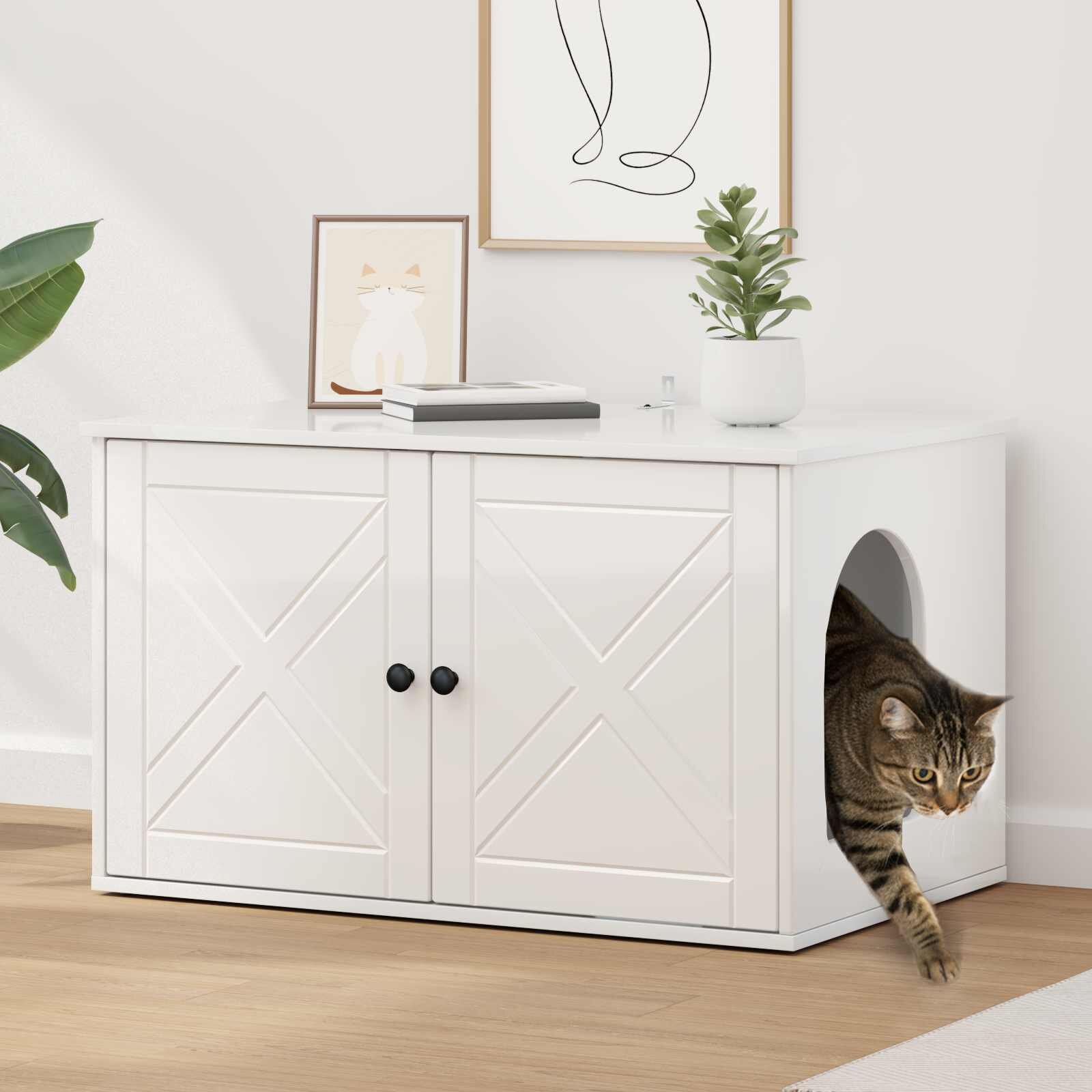vidaXL Къща за котки Гланц бяло 85 x 55 x 505 см Инженерна дървесина