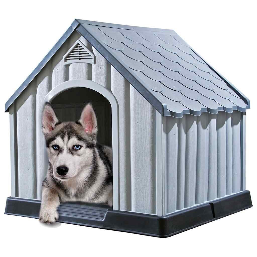 vidaXL Къща за кучета сива 92x87x91 см пластмаса