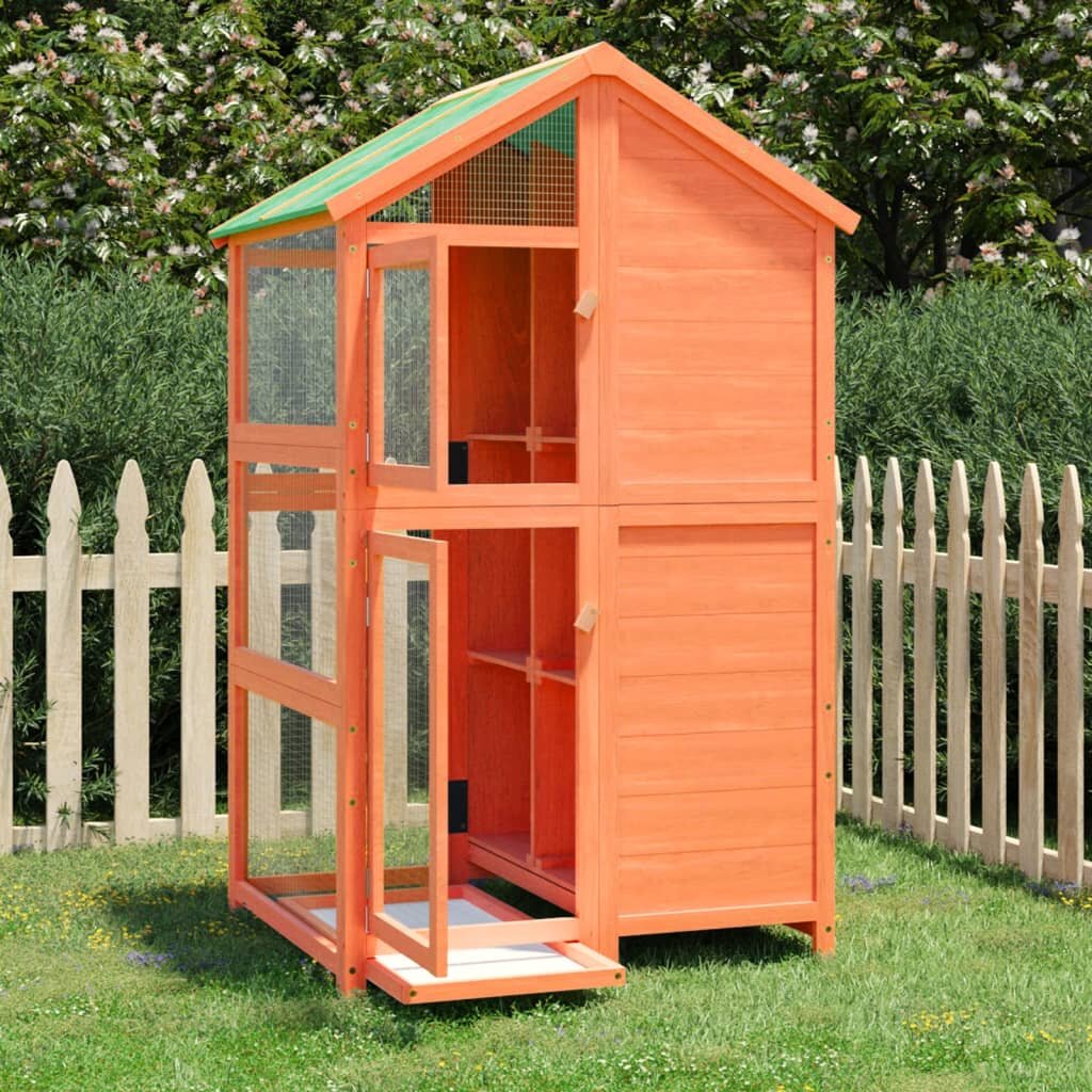 vidaXL Къщичка за птици кафява 97x81x152 см масивна чамова дървесина