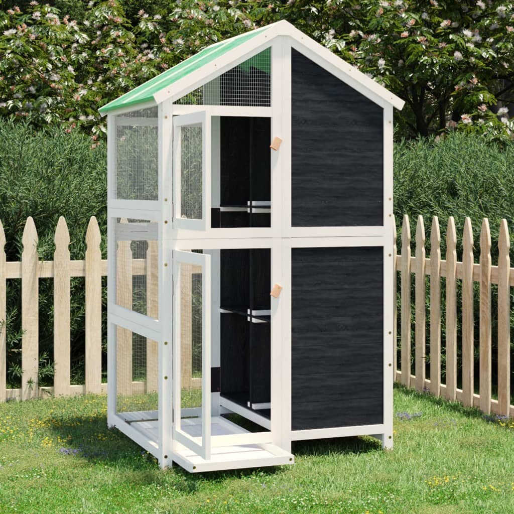 vidaXL Къщичка за птици сива 97x81x152 см масивна чамова дървесина