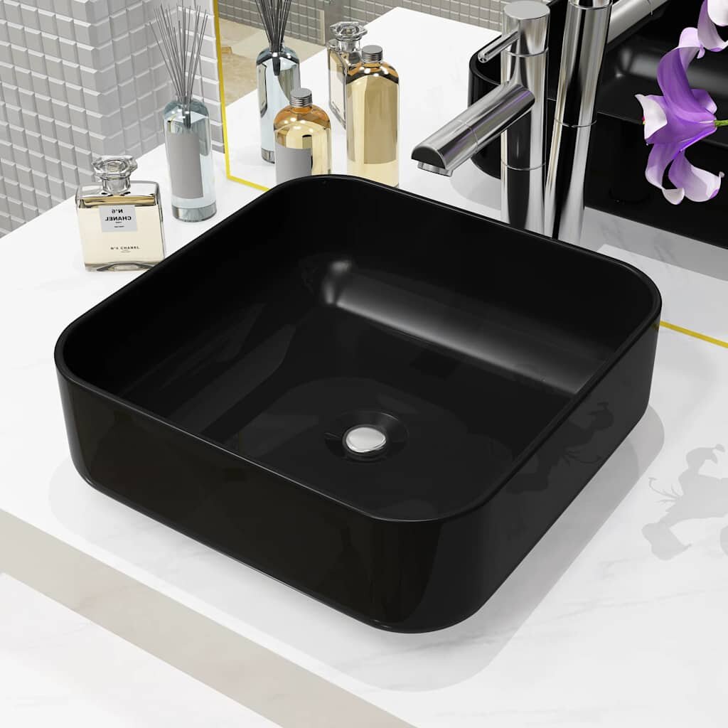 vidaXL Керамична мивка квадратна черна 38x38х135 см
