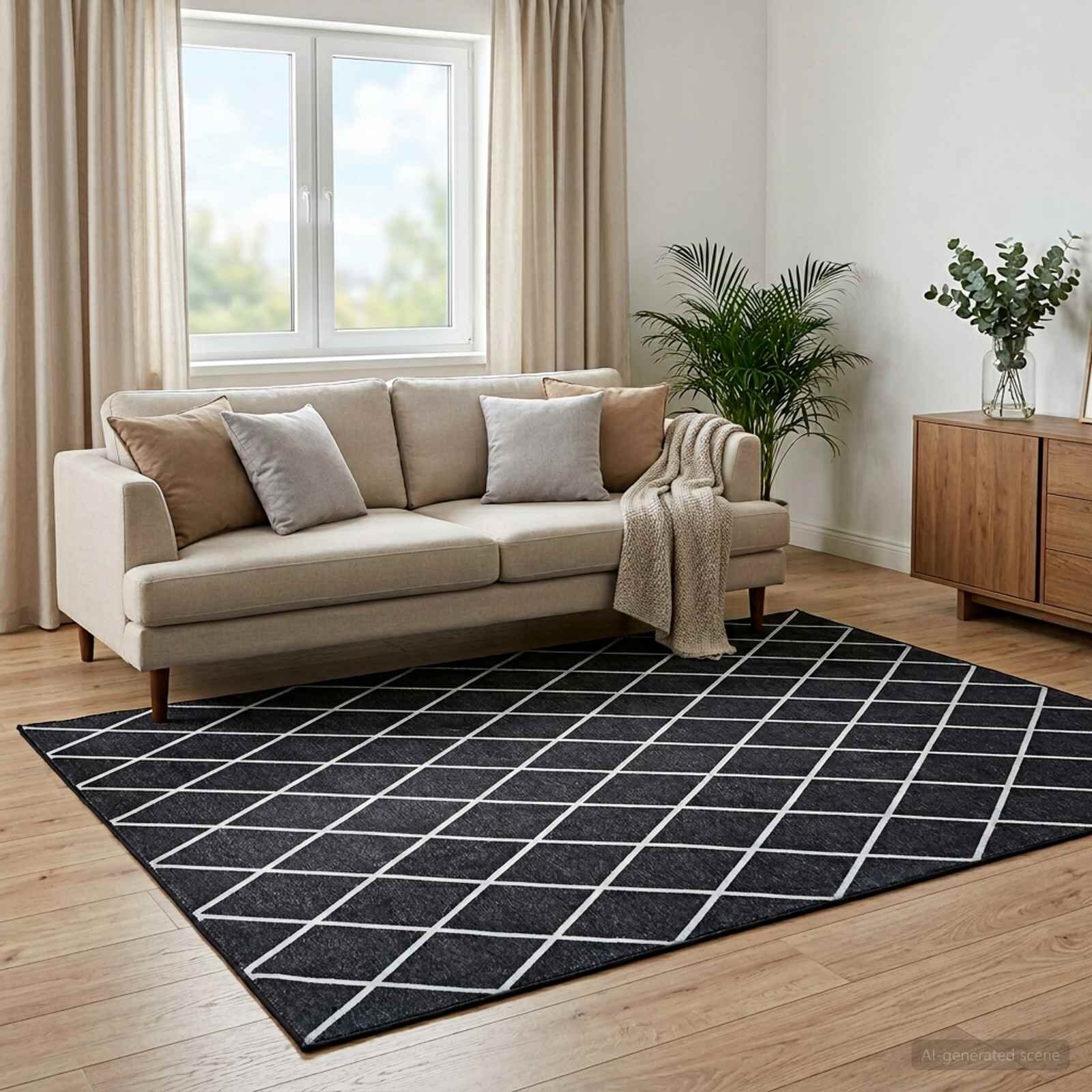 vidaXL Килим ORIZ Черен диамантен модел 240 x 340 cm 100% полиестер