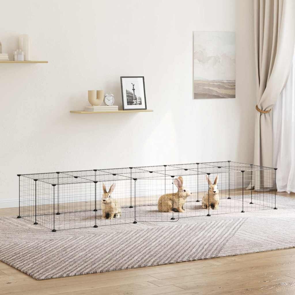 vidaXL Клетка за животни с врата 28 панела черна 210x70x35 см стомана
