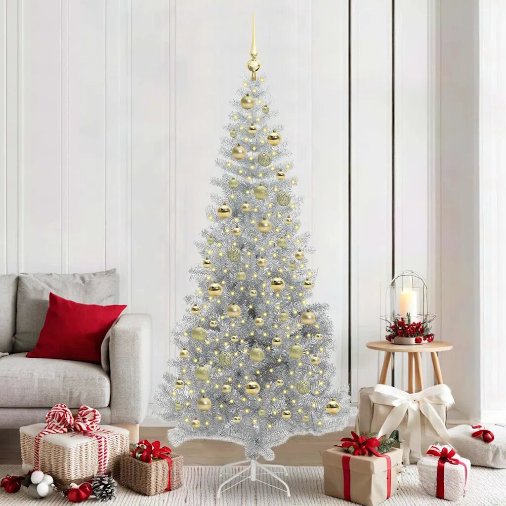 vidaXL Коледно дърво с LED светлина Сребристо 210 cm PET и стомана
