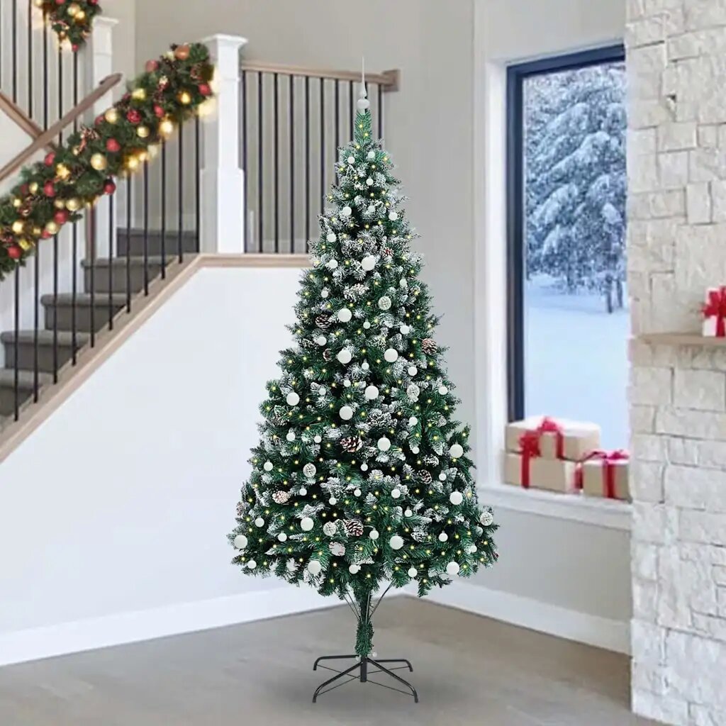 vidaXL Коледно дърво с LED светлина Зелен и бял 240 cm PVC и пластмаса