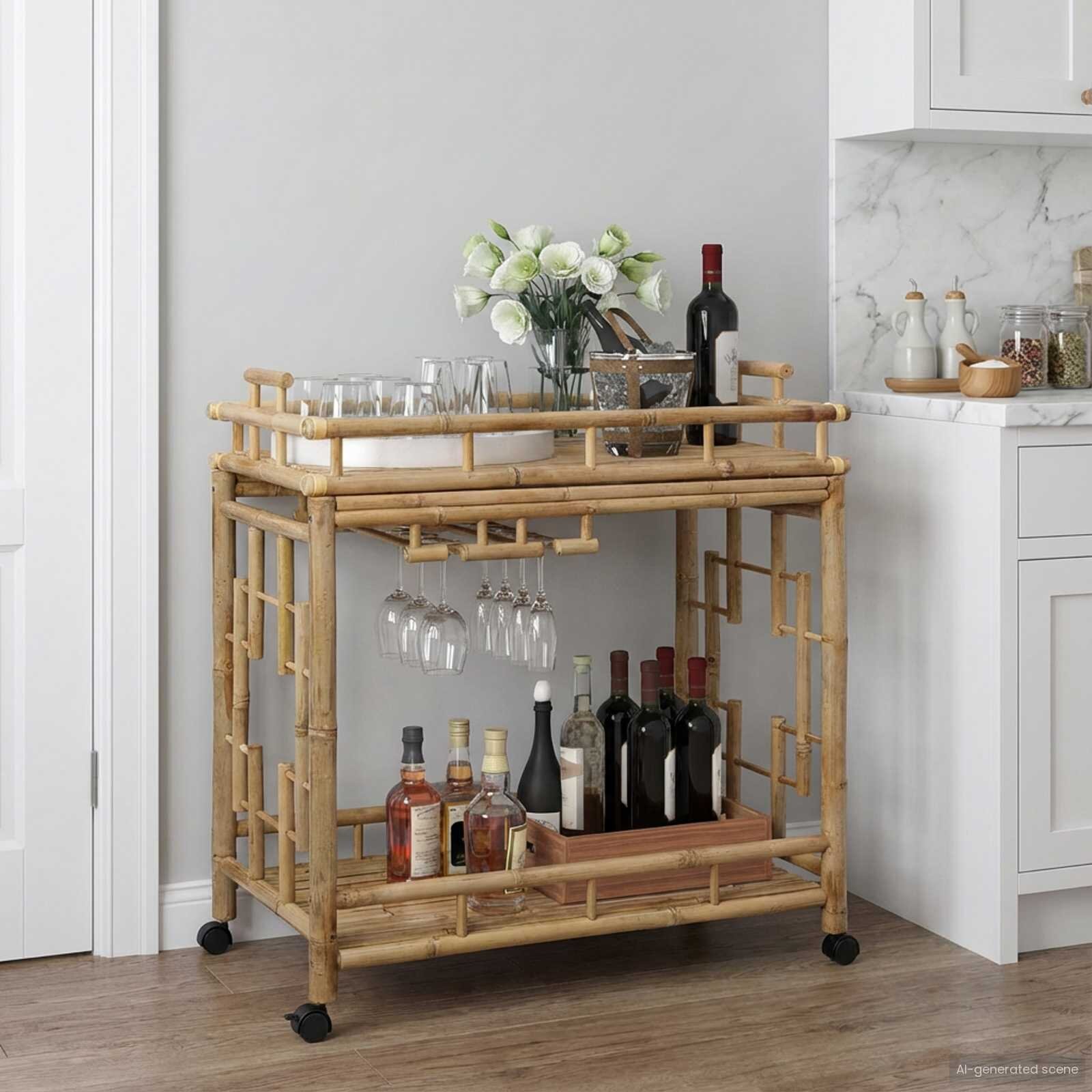vidaXL Количка за вино с колела Естествен 85 x 50 x 93 см Бамбук