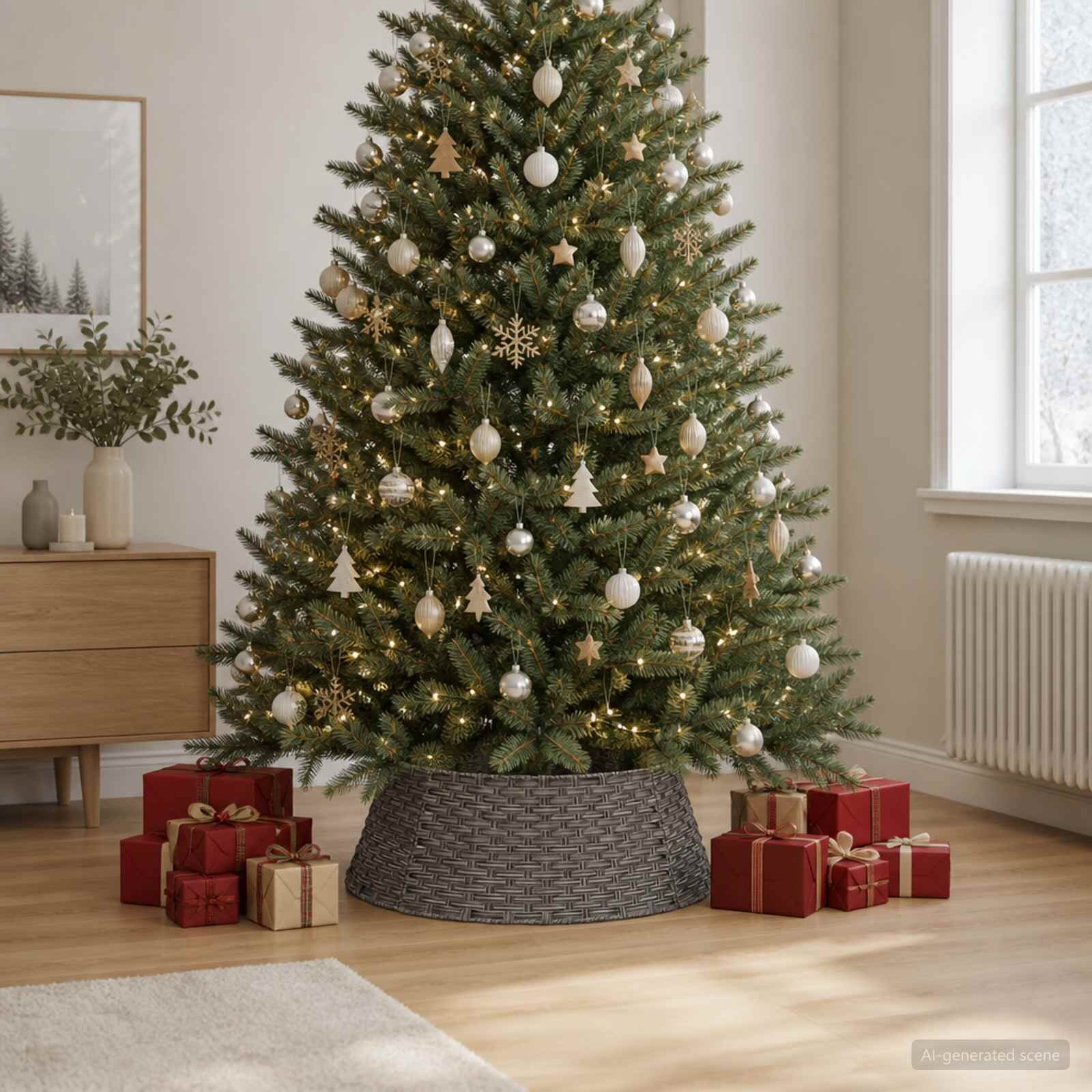 vidaXL Коло за коледно дърво Кръгла Сиво Диам. 90 x 28 cm полиратан