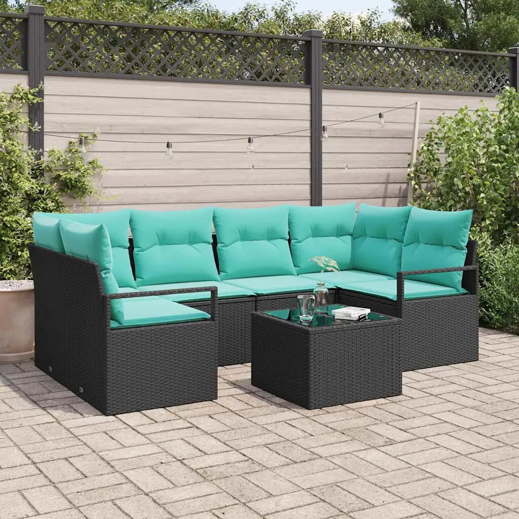 vidaXL Комплект дивани 7 бр. 6-Брой места Черен и син полиратан