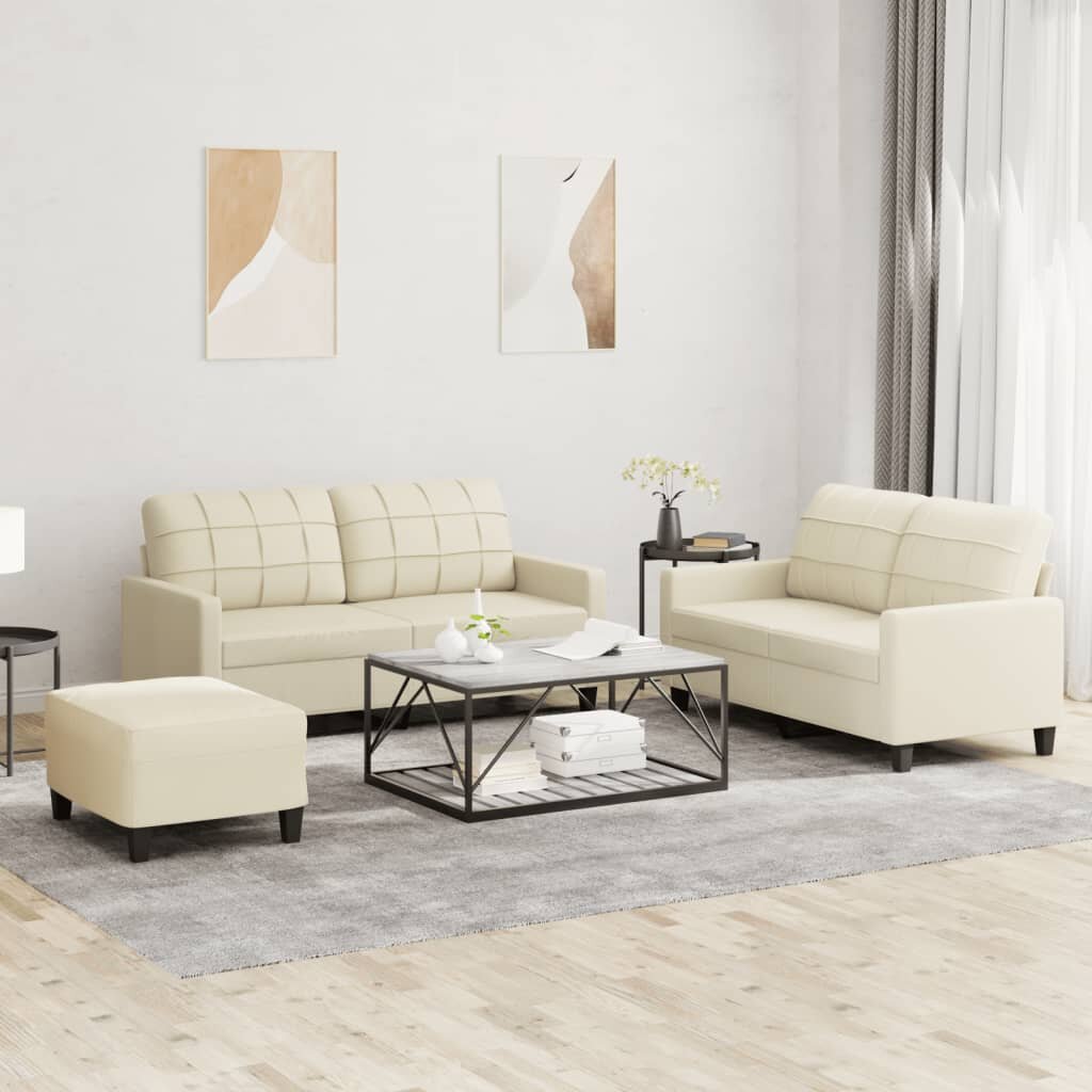vidaXL Комплект дивани от 3 части с възглавници кремав изкуствена кожа