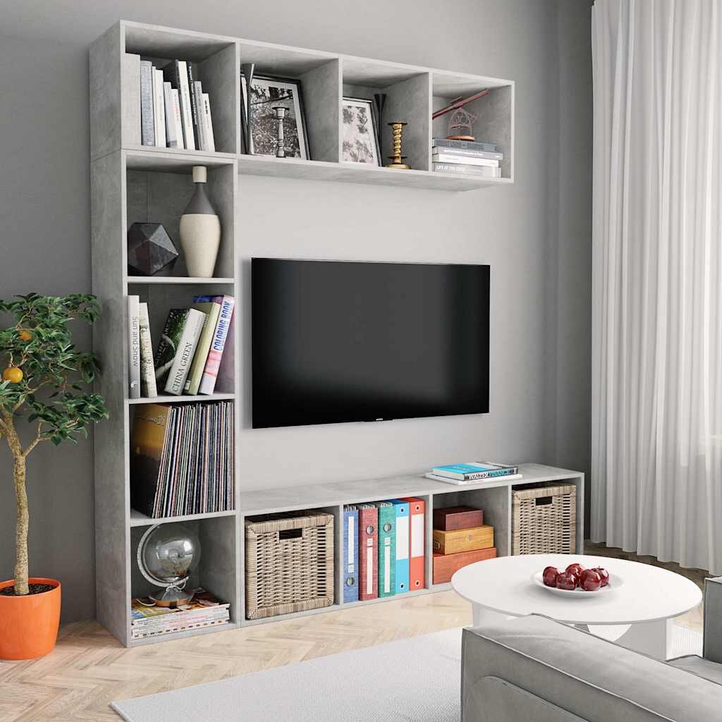 vidaXL Комплект етажерка/ТВ шкаф в 3 части бетонно сив 180x30x180 см