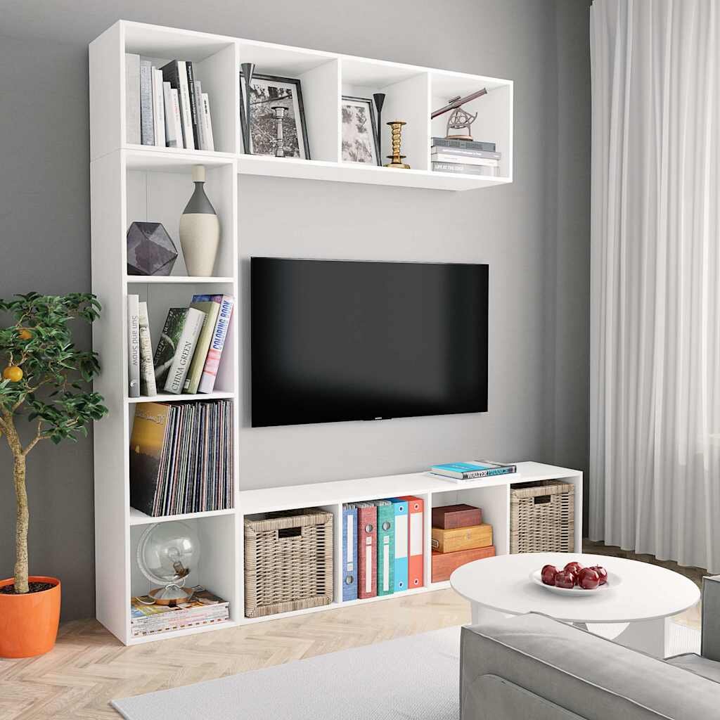 vidaXL Комплект етажерка/ТВ шкаф в 3 части бял 180x30x180 см