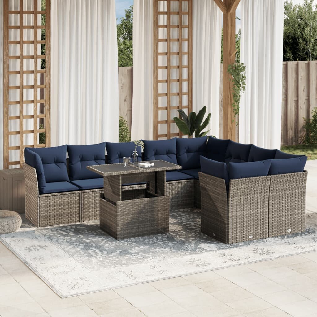 vidaXL Комплект градински дивани с възглавници 10 части сив полиратан