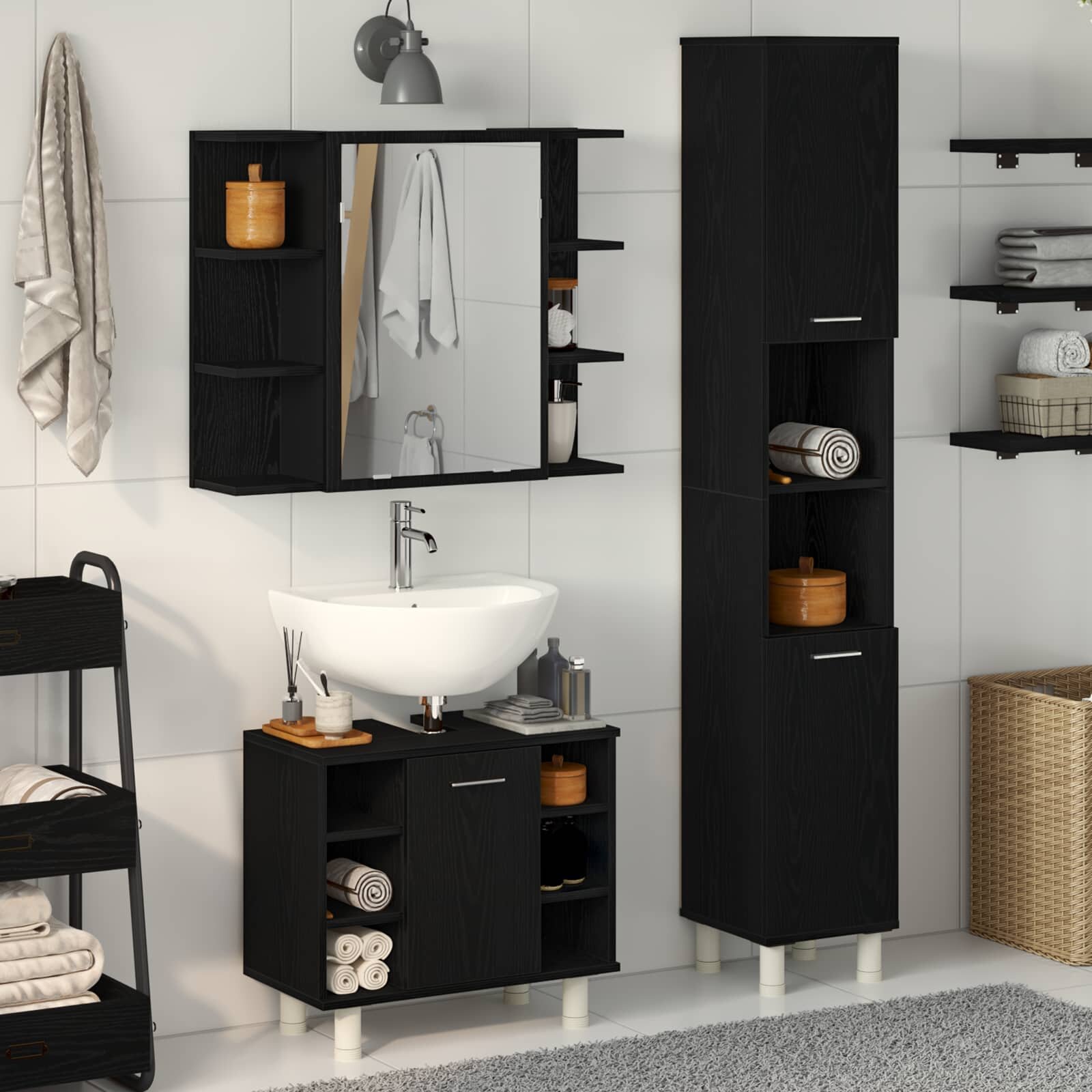 vidaXL Комплект мебели за баня 3 бр. Черно 30 x 30 x 1795 см