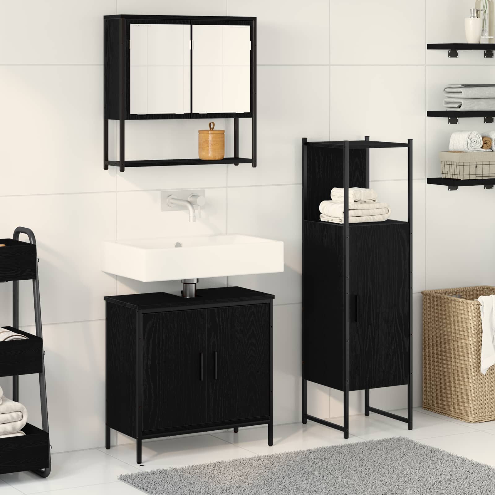vidaXL Комплект мебели за баня 3 бр. Черно 33 x 33 x 1135 см