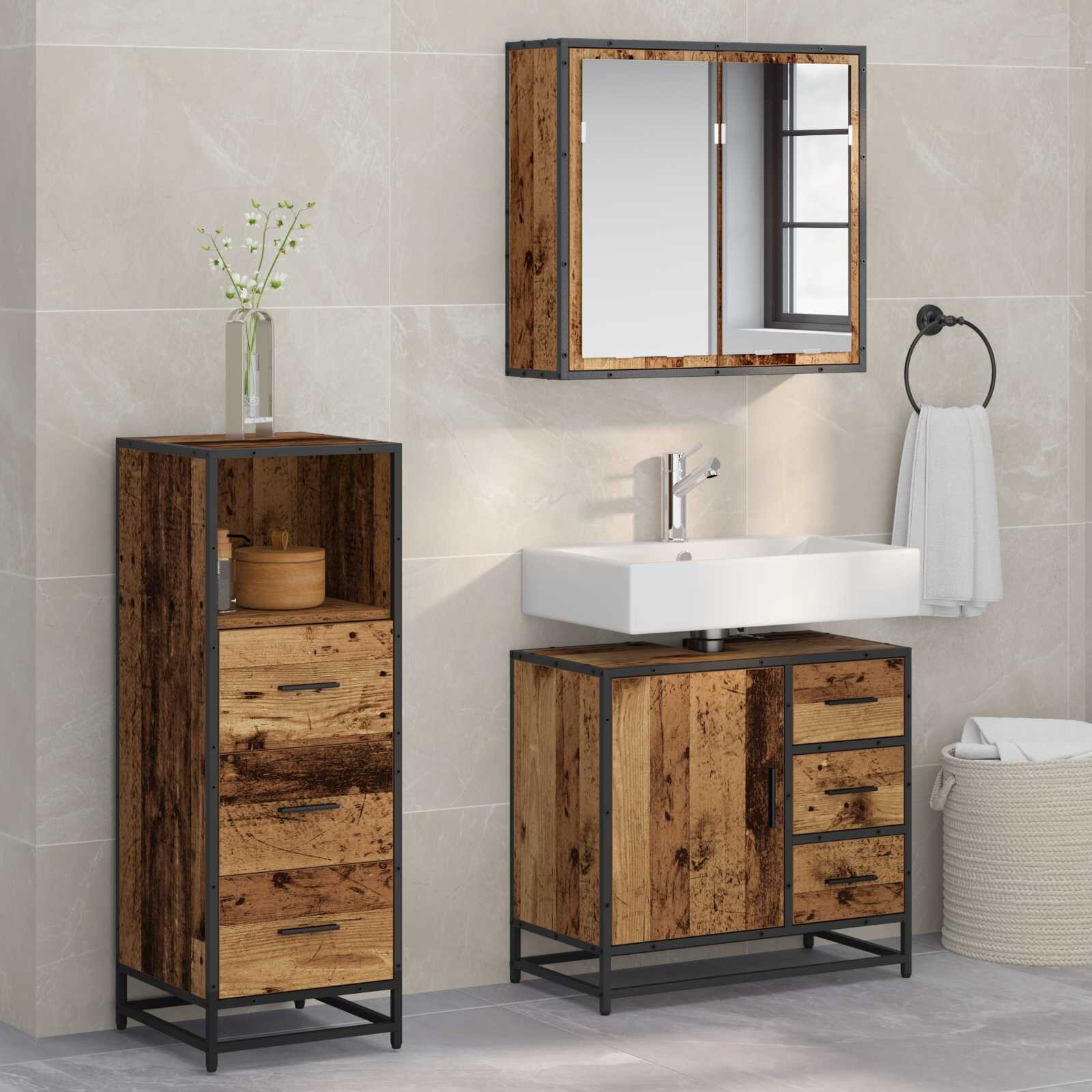 vidaXL Комплект мебели за баня 3 бр. Старо дърво 35 x 375 x 100 см