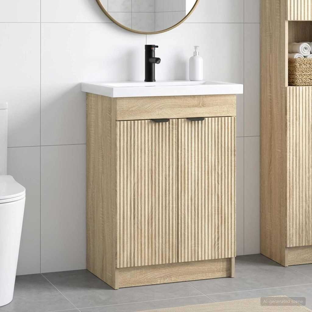 vidaXL Комплект мебели за баня Дъб сонома 56 x 375 x 81 см
