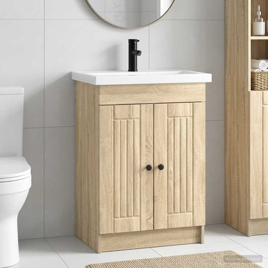 vidaXL Комплект мебели за баня Дъб сонома 56 x 375 x 81 см