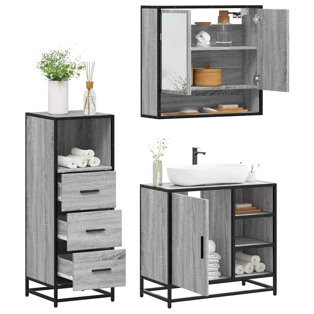 vidaXL Комплект мебели за баня от 3 части сив сонома инженерно дърво