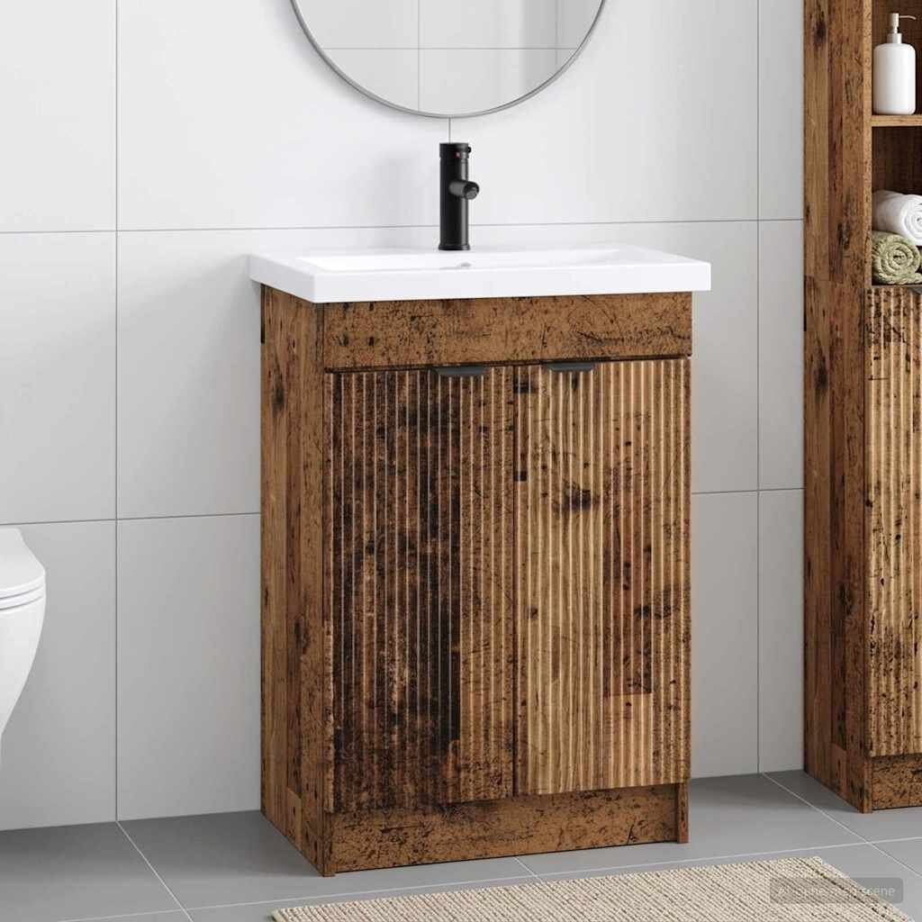 vidaXL Комплект мебели за баня Старо дърво 56 x 375 x 81 см