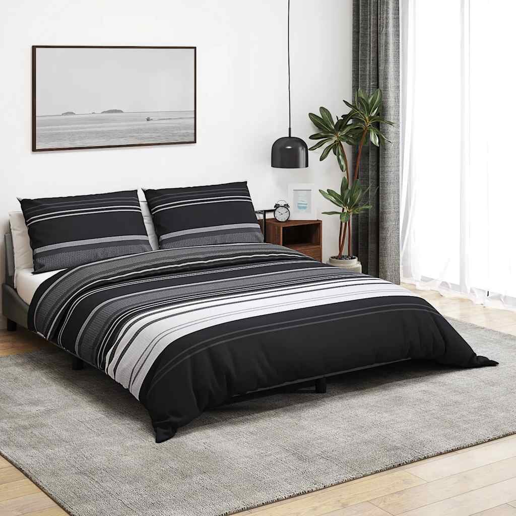 vidaXL Комплект плик за завивка черни райета 200x220 см памук